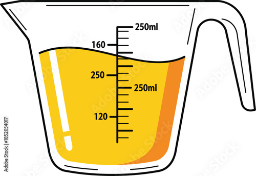 Transparent measuring cup with liquid volume markings, kitchen measurement container illustration for cooking and baking use