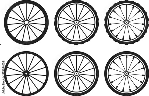 Bicycle Wheel Icon Set. Cycling Components and Bike Repair Vector Symbols. Spoke, Rim, and Tire Maintenance Icons collection