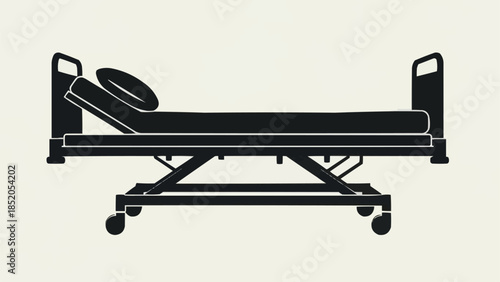 Silhouette of a hospital bed with wheels and adjustable headrest.