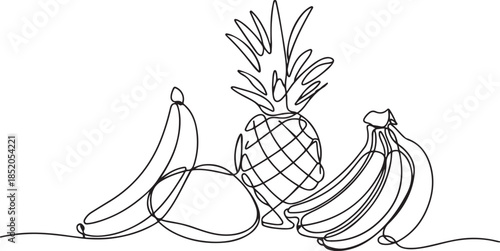 Hand drawn outline one and variety group of tropical fruit with peel, bunch on branch, whole banana.one line  vector illustration  with out background