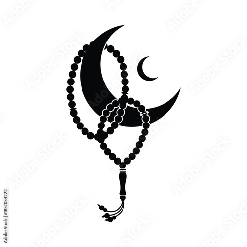 Black silhouette of rosary beads with crescent moons on, minimal islamic silhouette