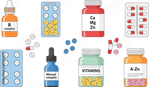 Vitamin and supplement illustration set with capsules tablets mineral bottles and dietary healthcare products