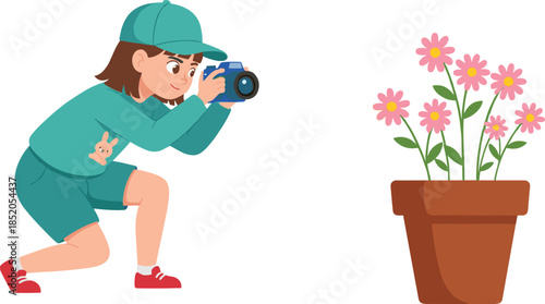 Young girl taking photo of flowers with camera, cute child photographer capturing nature moment cartoon vector illustration