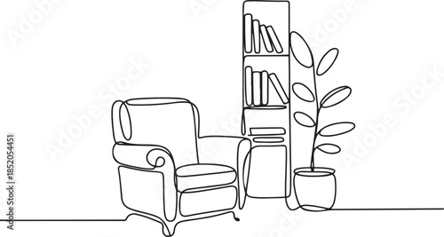Home office with furniture in continuous one line drawing. Indoor household for living room with armchair and plant with shelf in simple .one line  vector illustration  with out background