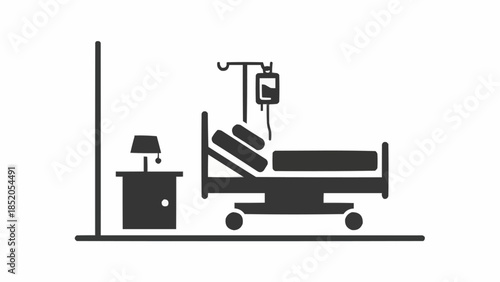 Hospital room with bed and IV drip illustration.