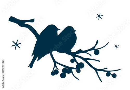 Pare of bird on apple twig. Winter decorative silhouette. Vector stock illustration