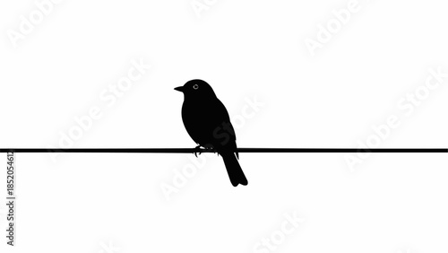 Silhouette of a small bird perched on a wire against a white background.