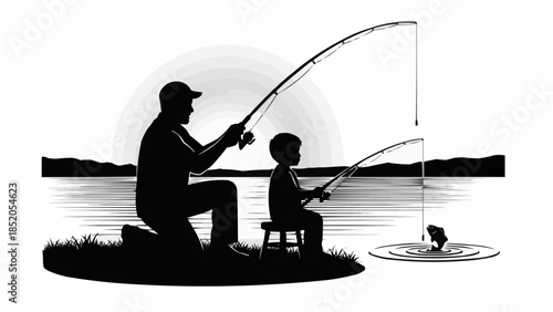 Father and Son Fishing Together on a Serene Lake.