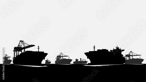 Silhouette of cargo ships and cranes in a harbor at dusk.