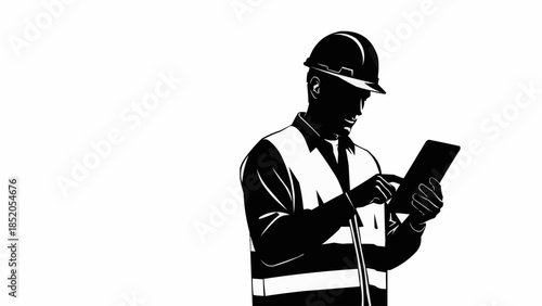 Construction worker in hard hat and safety vest using a tablet device.