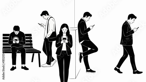 People engrossed in their smartphones in various poses.