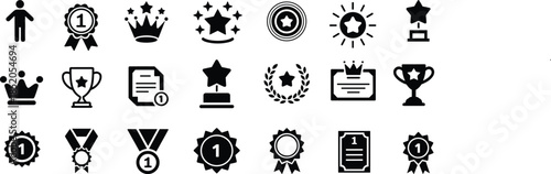 Collection of black and white award and achievement icons trophy medal