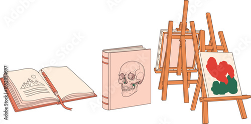 Art education still life set with anatomy book open sketchbook and wooden easels, creative study and drawing vector illustration