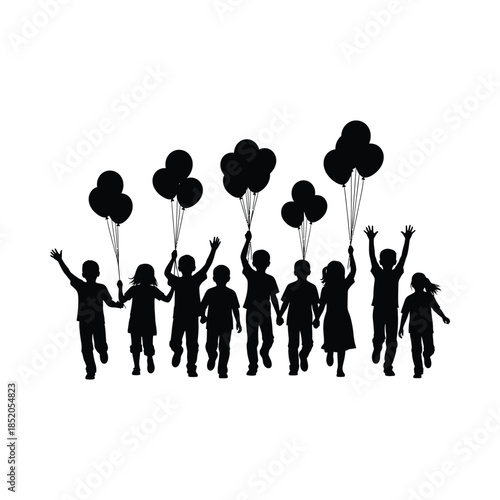 Silhouette of a group of children holding black balloons, minimal islamic silhouette