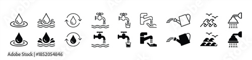 Water icon set. Splash, washing hands, drinking water and more. Vector illustration