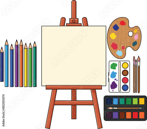 Artist painting supplies set with easel canvas palette pencils and watercolor paints, creative art studio vector illustration