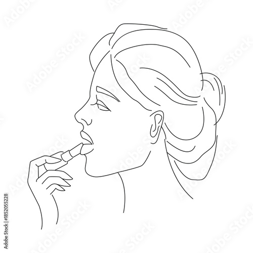 Minimalist line art illustration of a woman in profile applying lipstick. Elegant black and white outline portrait, modern fashion beauty concept for coloring, prints, and design.