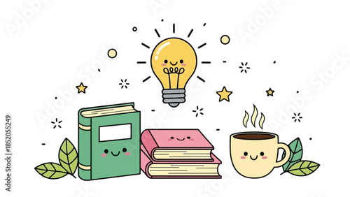 Cute illustration of books, lightbulb, and coffee cup, symbolizing ideas and learning