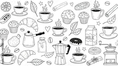 Breakfast delights and coffee break doodles: A charming collection of hand-drawn elements.
