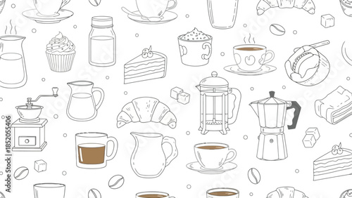 Seamless coffee and breakfast doodles pattern in black and white on white background