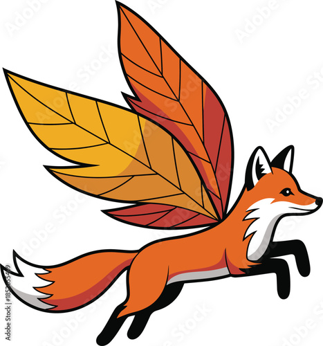 Flying fox with autumn leaves as wings cartoon stylized vector illustration