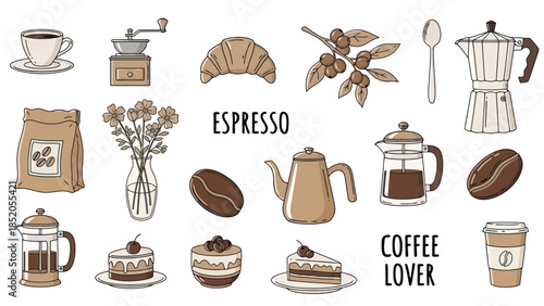 Coffee and dessert illustration with various elements like croissant, coffee beans, and flowers