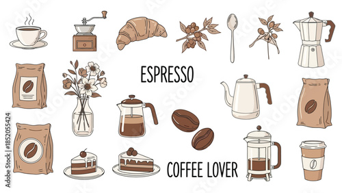 Espresso and Coffee Lover's Delight: Vector Illustration of Cafe Elements