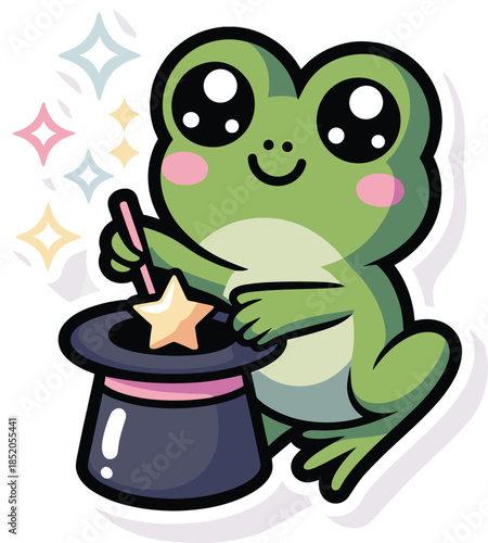 Magical frog performing trick with hat and star wand illustration