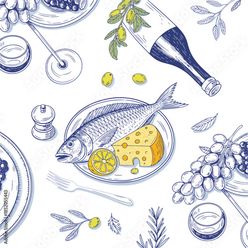 A graceful vector of a Mediterranean meal, featuring fresh fish, wine, olives, and grapes, in a hand-drawn seamless pattern for culinary and restaurant design