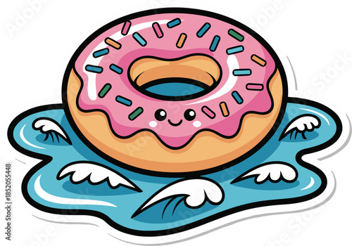 Happy pink frosted donut with sprinkles floating on blue waves transparent background