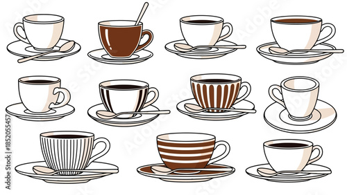 Collection of various coffee cups on saucers with spoons, ready for morning enjoyment