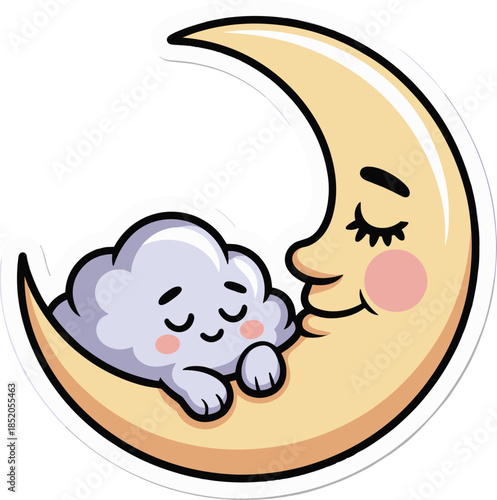 Sleeping kawaii moon and cloud sticker design with cute closed eyes and pink cheeks