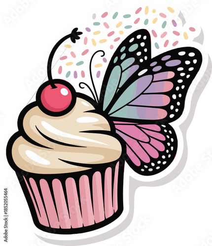 Sweet cupcake with butterfly wings and cherry on top sticker design