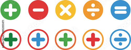 A vector of colorful math operation icons with plus, minus, multiply, divide, and equals signs for educational and digital use