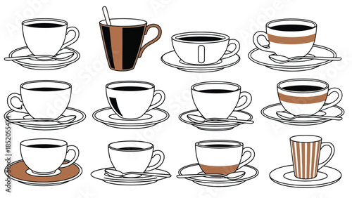 Variety of coffee cups on saucers, outline style, illustrating beverage choices for enjoyment