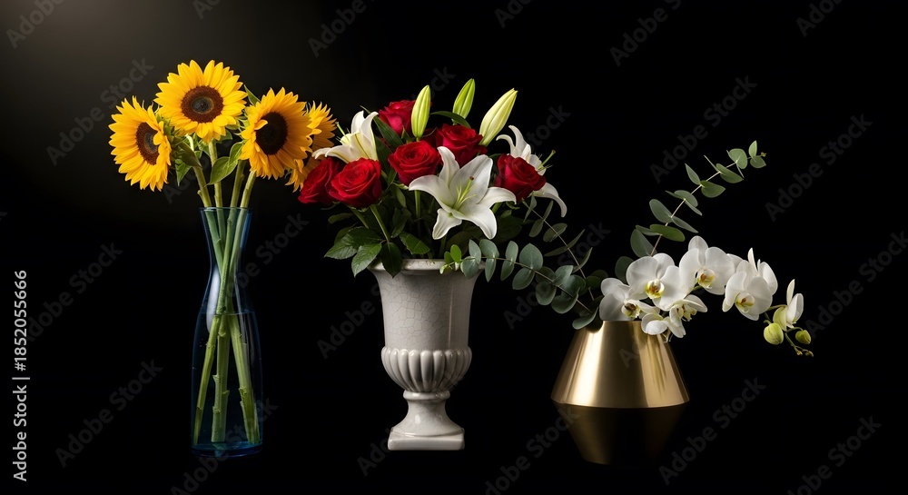 Obraz premium Arrangement of vibrant flowers in vases against a black background