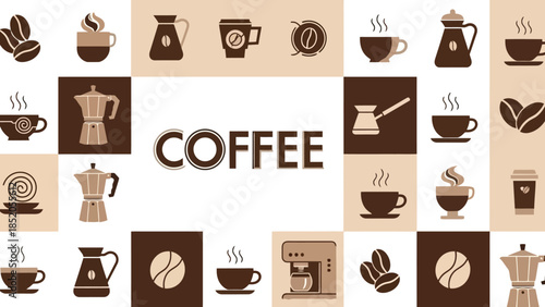 Coffee-themed graphic design elements and illustrations in a seamless pattern design
