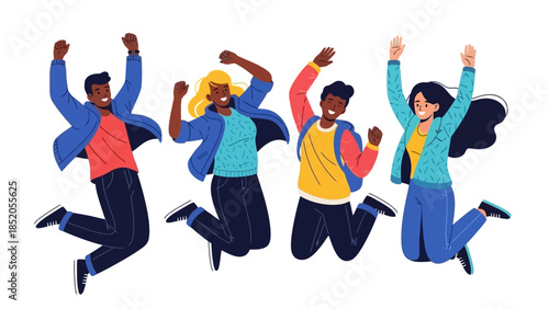 Joyful diverse group of people celebrating success and happiness with raised arms