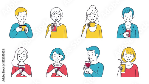 Diverse Group of People Enjoying Beverages: Coffee, Juice, and Wine Illustrations