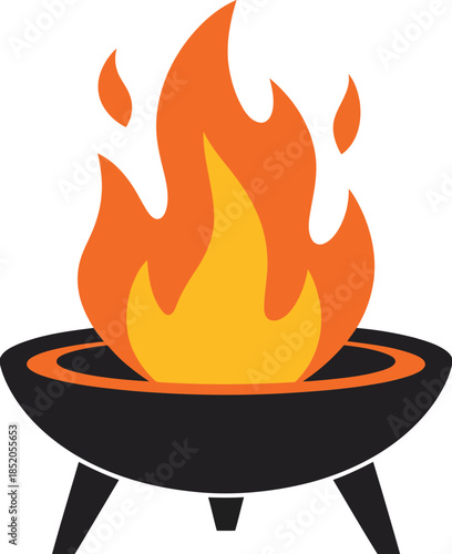 A stylized vector of a burning barbecue grill featuring vibrant orange and yellow flames, ideal for outdoor cooking, summer parties, and warmth