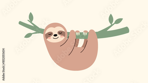 Cute cartoon sloth hanging from a branch with leaves in a vector illustration