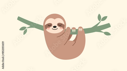 Cute cartoon sloth hanging from a tree branch, adorable animal illustration.