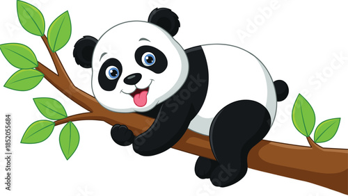Cute cartoon panda bear lying on tree branch with tongue out, happy wild animal character vector illustration isolated on white background, nature concept