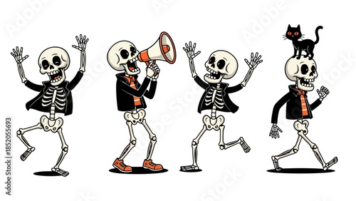 Cartoon skeletons celebrating and having fun in Halloween style, vector set illustration
