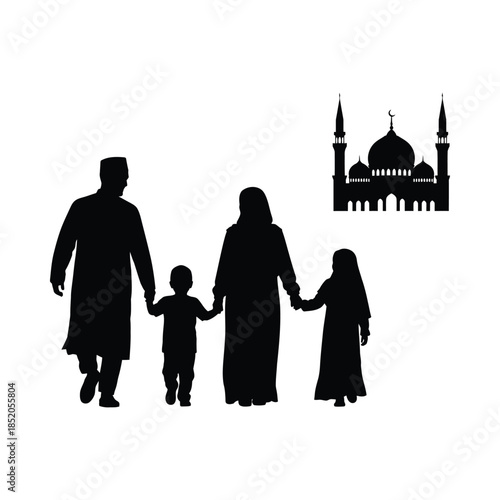 Silhouette of a muslim family walking towards a mosque at sunset, minimal islamic silhouette