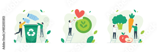 A vector of illustrations depicting sustainable living concepts, including responsible waste recycling, eco-friendly practices, and healthy diet choices for a better future