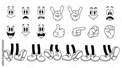 Cartoon character parts vector illustration set: faces, hands, and legs in a retro style