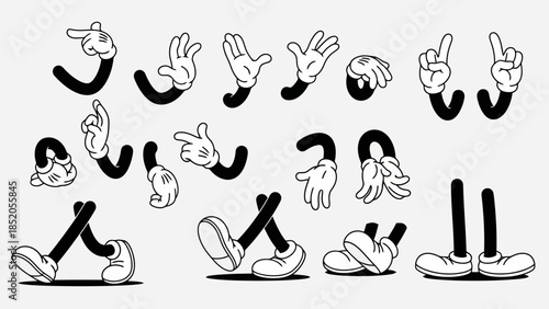 Cartoon character limbs set, vintage style, hands and legs collection isolated on white background