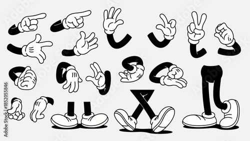 Cartoon character limbs set: various hand gestures and leg poses vector illustrations