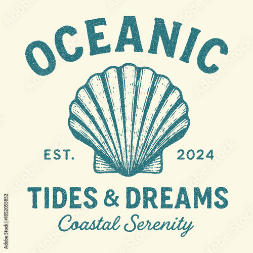 Oceanic tides and dreams. Coastal Nautical Shell Vector Graphic. Seashell graphic print design for t shirt. Sound of the sea. Coastal Nautical Shell Vector Graphic, Vintage summer slogan print drawing